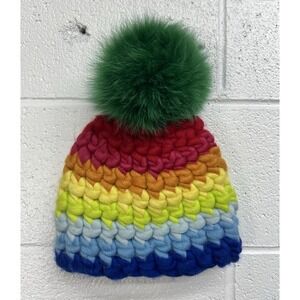 Mischa‎ Lampert Women's Beanie Rainbow Stripe Hat Chunky Large Pom Pom